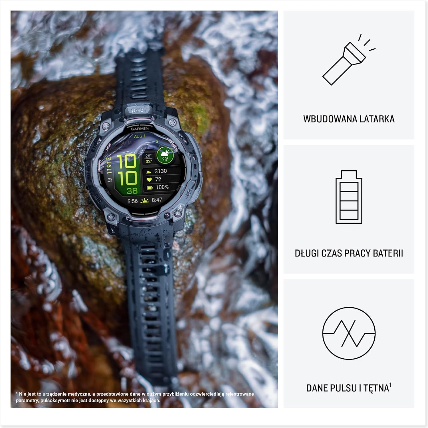 Garmin Instinct 3 [восстановленный], 45 мм, прочные смарт-часы с AMOLED-дисплеем и GPS, встроенные спортивные приложения и функции мониторинга здоровья, светодиодный фонарик, ударопрочные, 10 АТМ, время работы от аккумулятора до 18 дней
