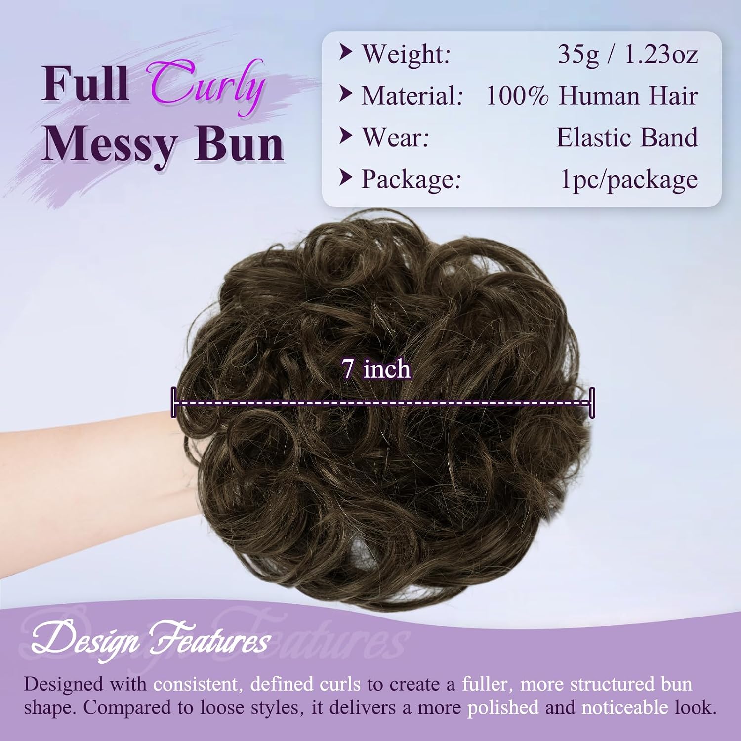 RUWISS Human Hair Bun 100% Human Hair 35g Messy Bun Soft Fluffy Waves Curly Thick Updo Hair Pieces for Women Easy to Use (Dark Brown)