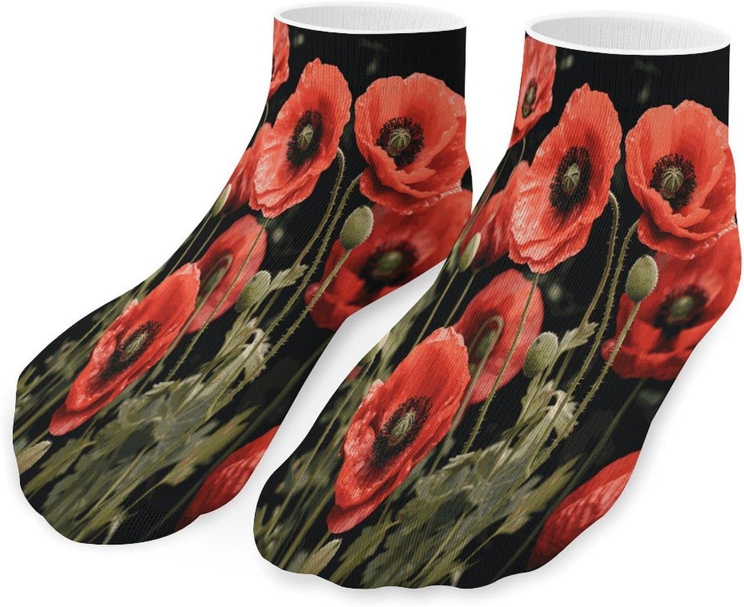Red Poppy Flowers Leaves Ankle Socks for Men Women 5 Pairs | Comfortable Casual Low Cut Socks, Lightweight No Show Breathable Athletic Socks, Soft Mini Crew Socks for All Seasons