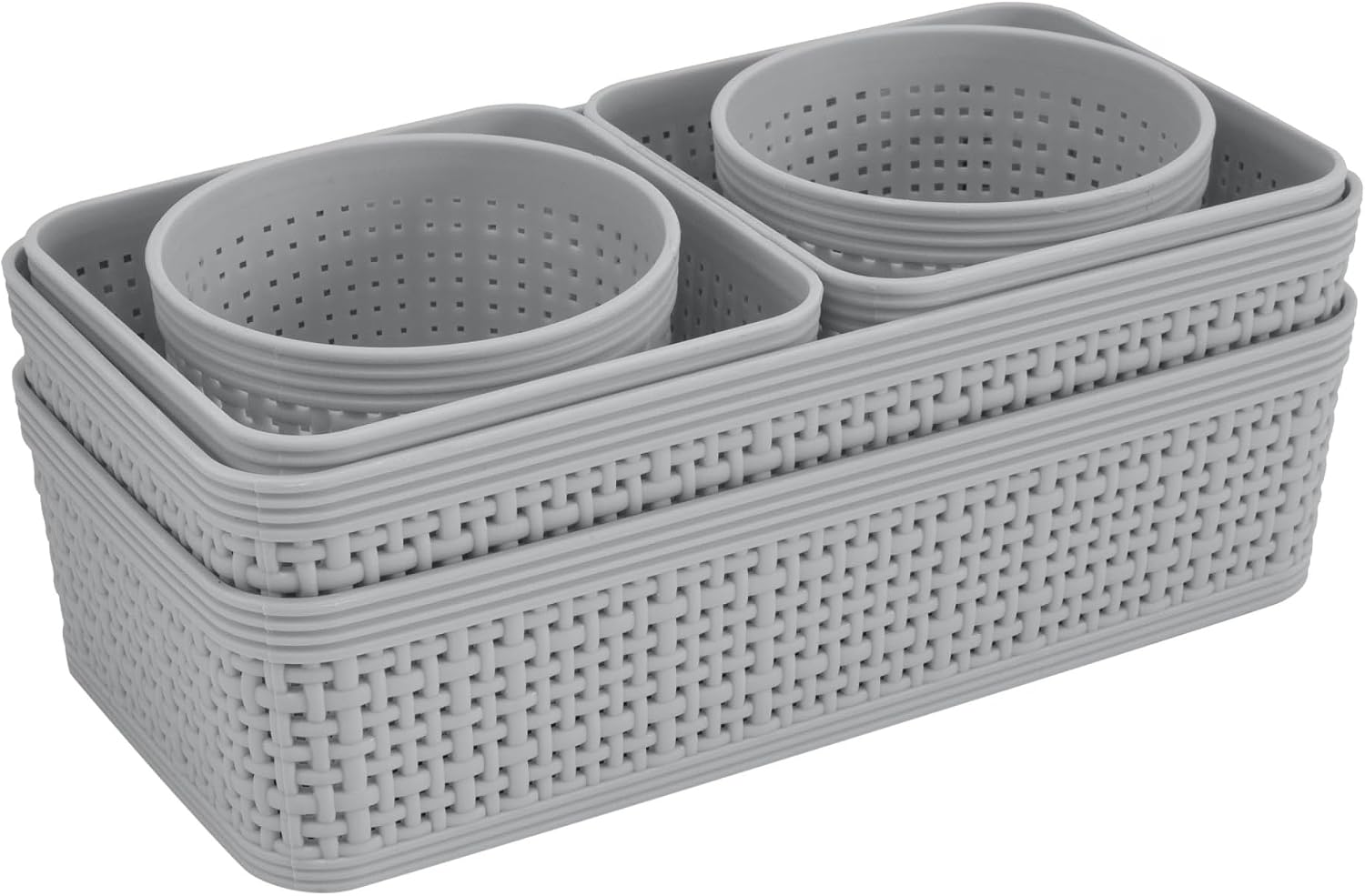6 Pack Multi-Sized Organizing Basket Plastic Storage Set in Grey,Ideal for organizing items in offices, dorms, drawers, and closets
