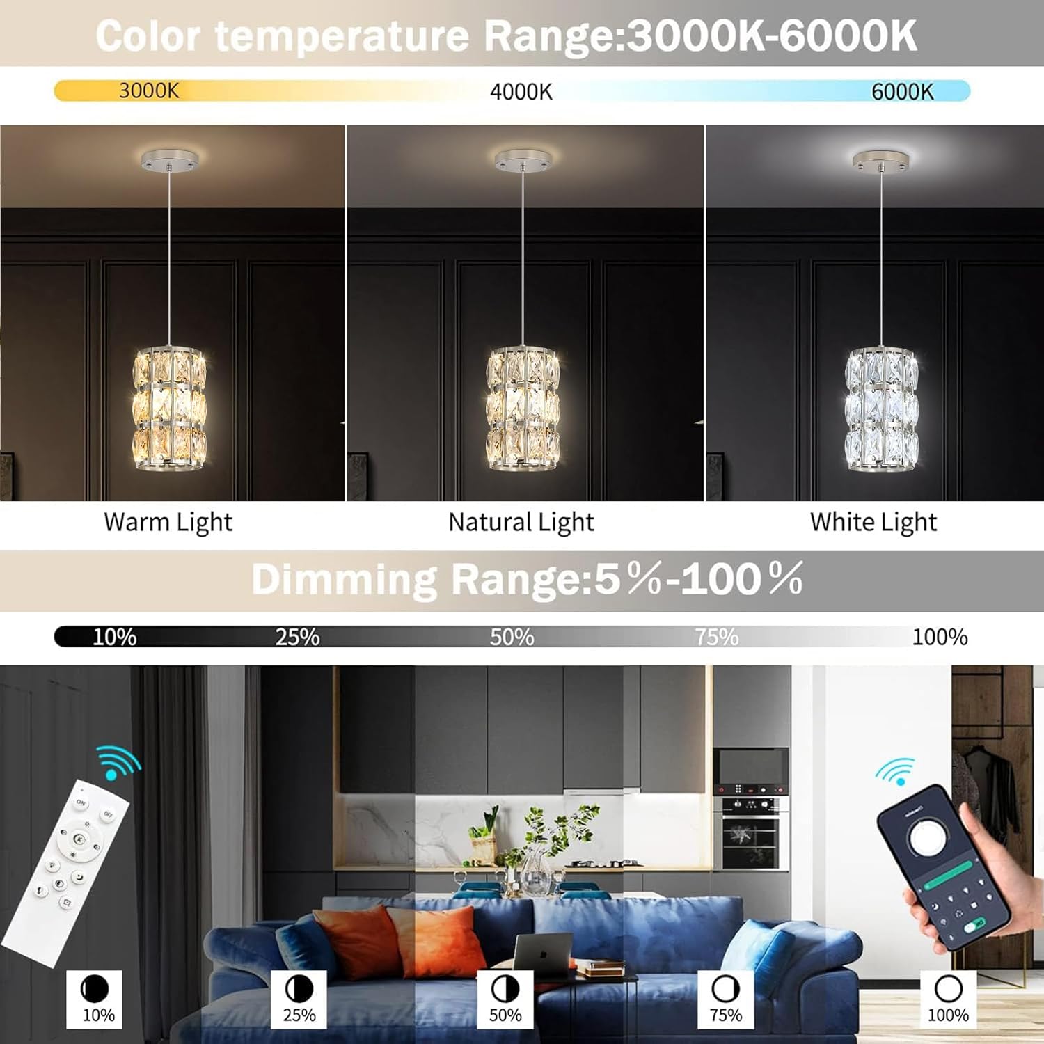 1-Lights Modern Crystal Pendant Lights for Kitchen Island LED Dimmable Glam Pendant Lighting Chandelier for Dining Room Hallway Corner Lamp Nickel