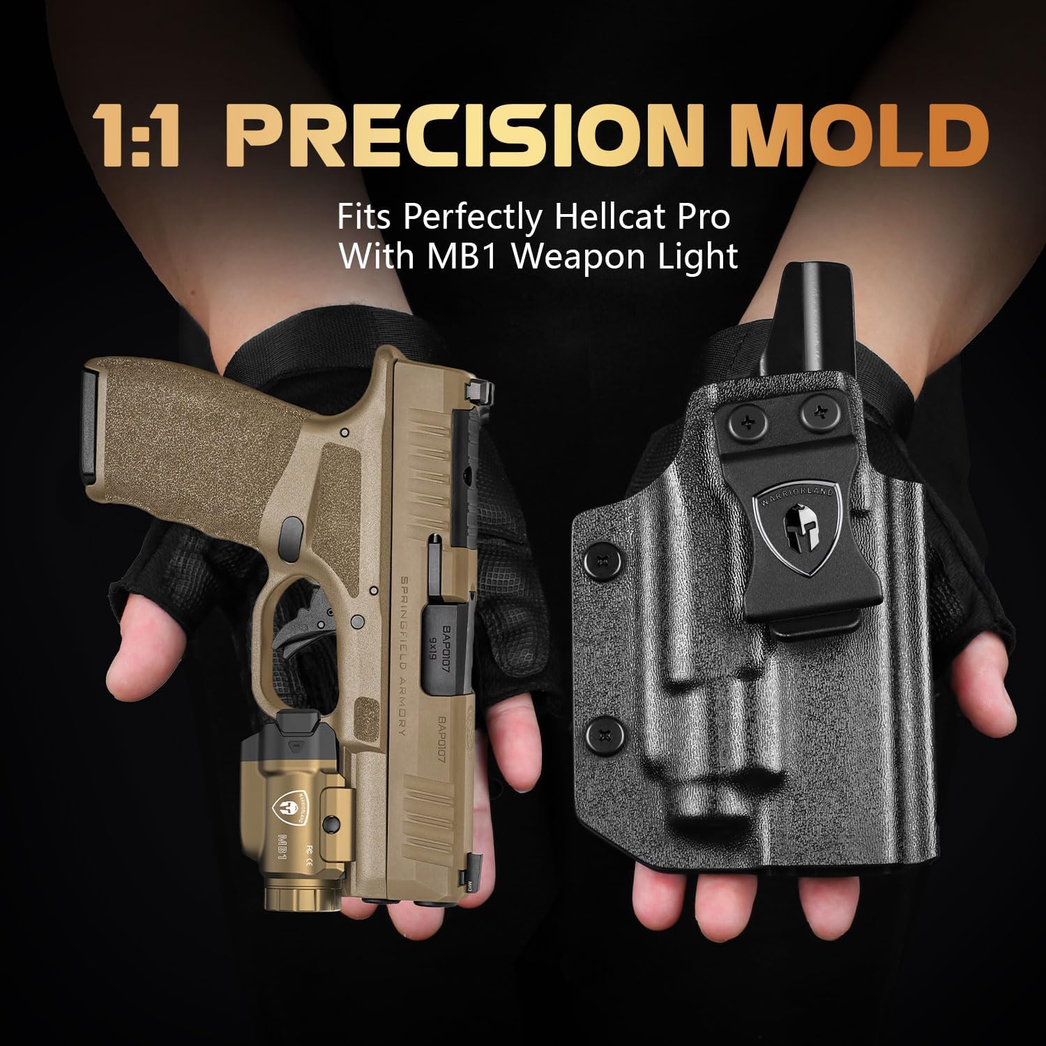 WARRIORLAND Hellcat Pro Holster with Light – IWB Kydex Holster & 500 Lumen Rail Mounted Laser LED Flashlight Combo, FDE MB1 Compact Tactical Weapon Light with Power Indicator, Right Hand Carry