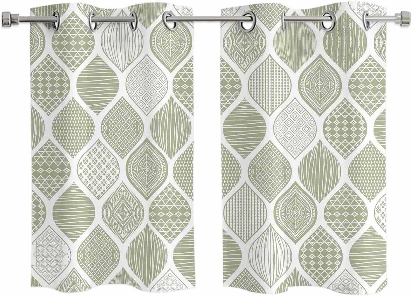 Grommet Top Window Curtains, Geometric Green Texture Durable Light Blocking Windows Drapes for Kitchen/Bedroom/Living Room, Window Treatments Curtain Set of 2 Panels 27.5x39 in
