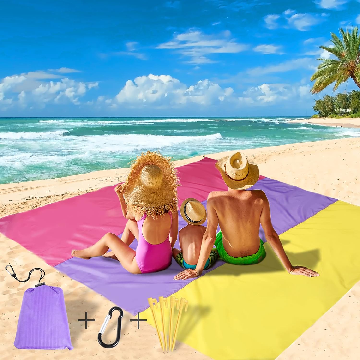 X-CHENG Beach Blanket Sandproof-79 X 83" Outdoor Blanket for 4-7 Adults Beach Mat,Beach Accessories,Heat Resistant Water Resistant Lightweight Mat for Travel, Camping,Picnic Includes 4 Anchors Stakes: Kitchen & Dining