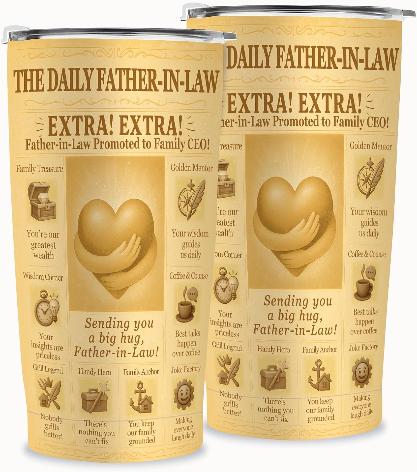 Father-in-Law Gifts 20oz Travel Tumbler, Vintage Newspaper Style, Best Ever Present for Birthday, Christmas & Fathers Day, Retro Coffee Cup - Image 3