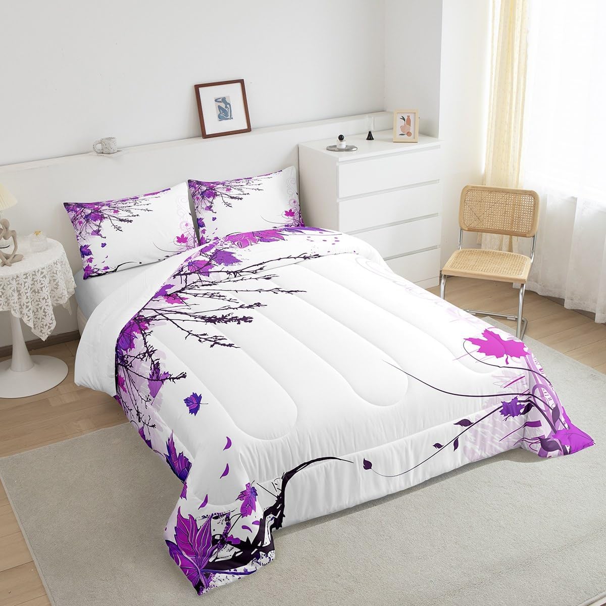 Erosebridal Fall Leaves Comforter Set Twin Size, Purple Maple Leaves Bedding Set for Kids Youth Girls, Botanical Branches Down Comforter Autumn Thanksgiving Gift Quilt Soft Warm with 1 Pillow Case