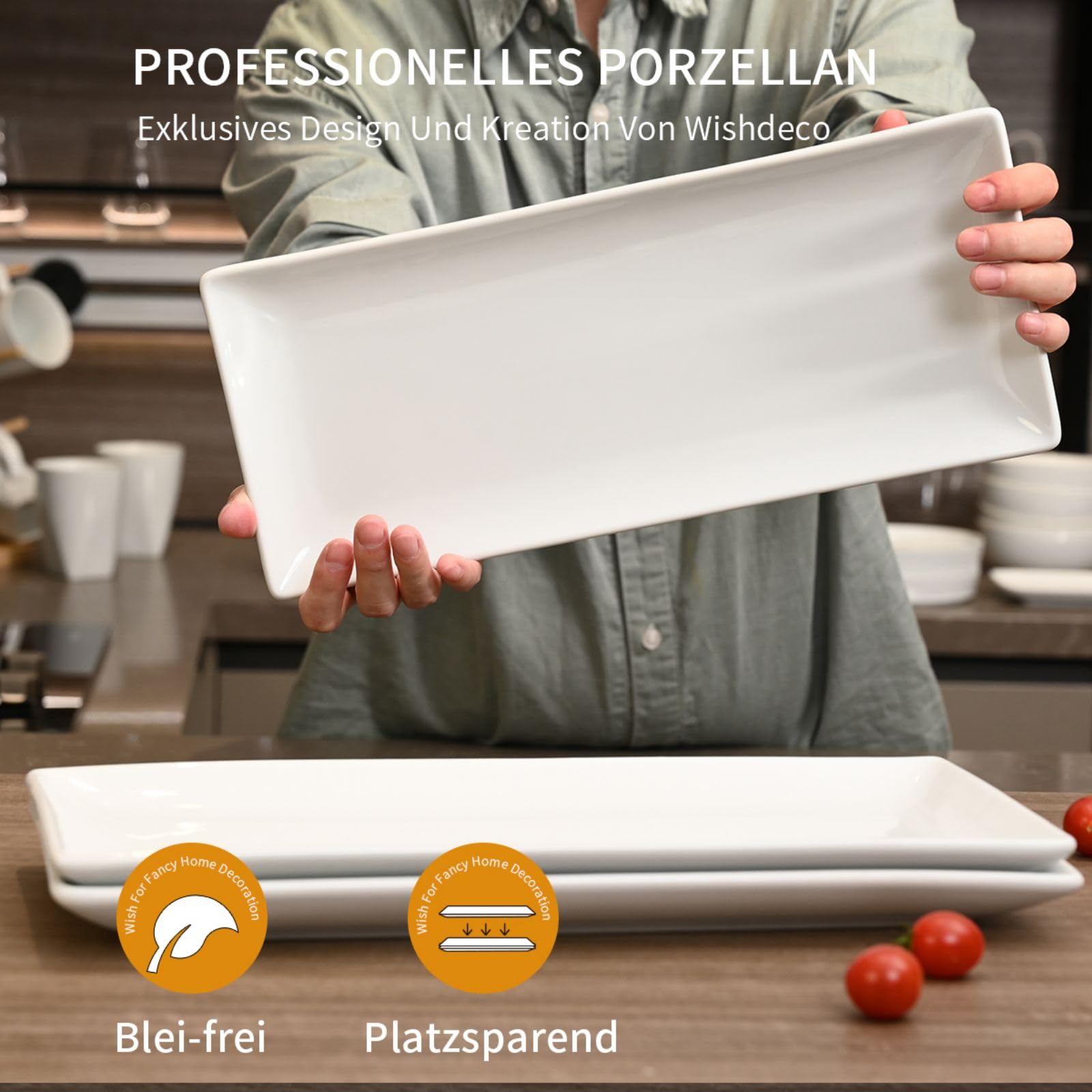 WishDeco Servierplatte 3er Set, Servierplatten Porzellan 35x15 cm, Servierteller Groß, Kuchenplatte Rechteckig, Teller Weiß für Kuchen, Sushi, Dessert, Fleisch, Fisch