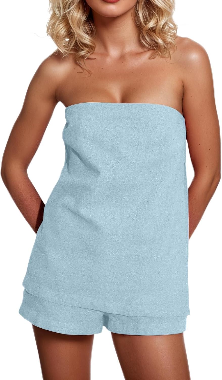 Ziesexy Summer Short Sets for Women 2 Piece Linen Blend Strapless Side Button Tube Top Baggy Shorts Lounge Set