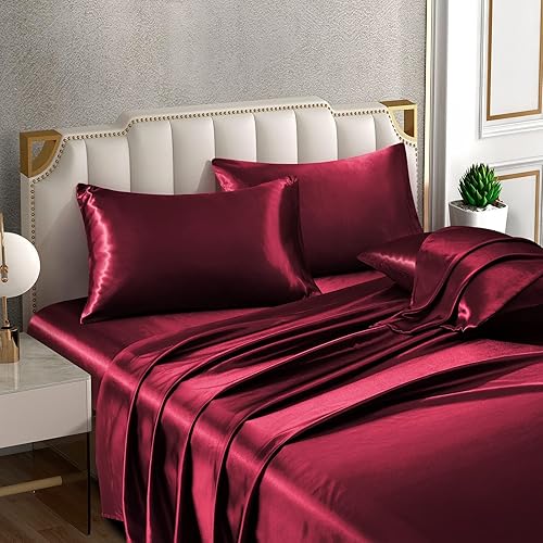 Miniatura 3 de Horbaunal Juego de sábanas de satén de 6 piezas tamaño Queen de lujo, sedosas y suaves, juego de sábanas de cama Queen de satén burdeos con bolsillo