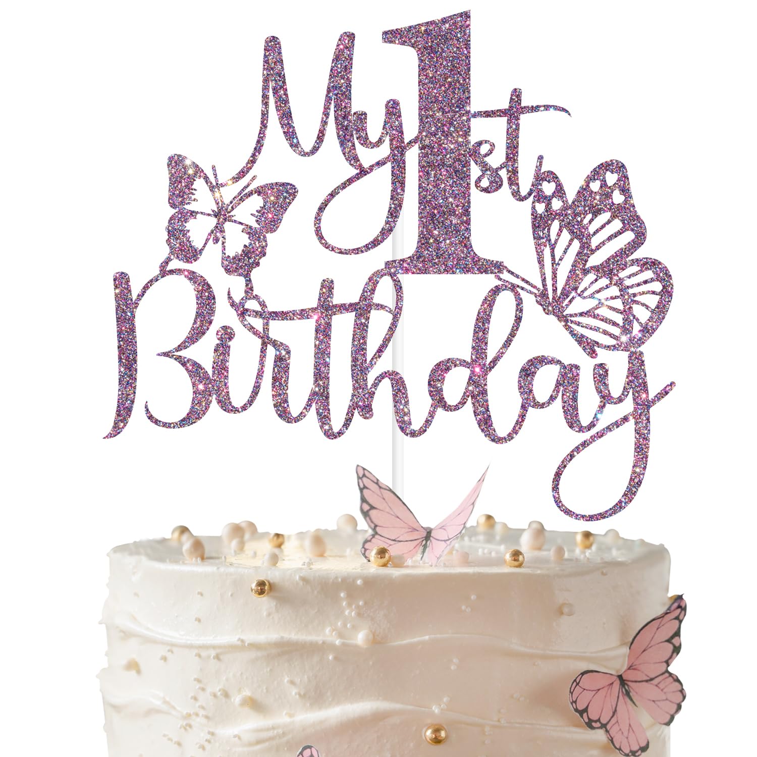 Purple Glitter My 1st Birthday Cake Topper, Butterfly One/Butterfly Happy 1st Birthday, Butterfly Themed Baby's 1st Birthday Party Decorations Supplies