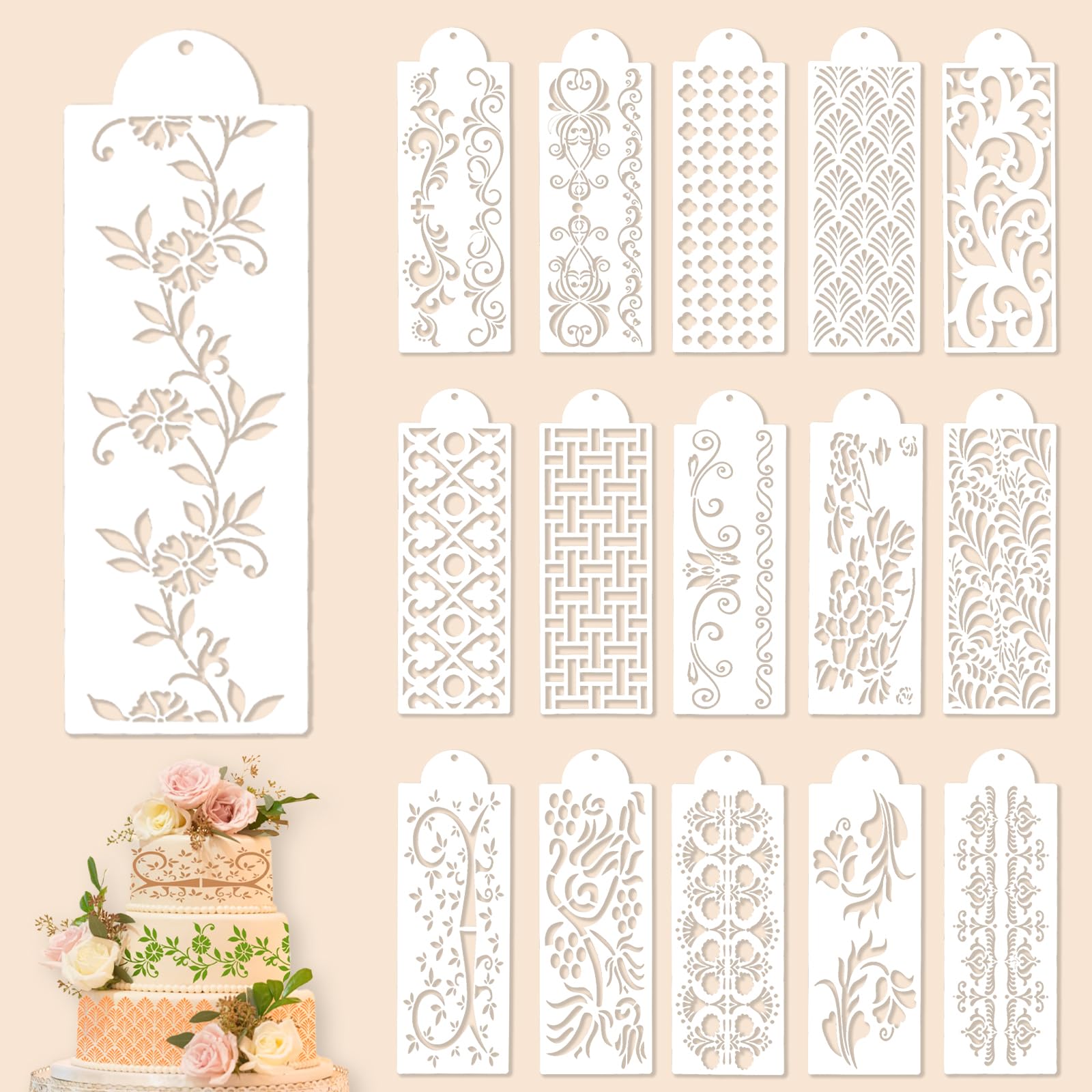 wadafen 16 Pcs Cake Stencil Set, Cake Stencil Hollow Templates, Pastry Side Pattern Stencils for DIY Cakes Decorating, Biscuits & Desserts