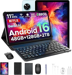 P11 Android 16 Tablet, 11 Inch Tablet with Gemini AI, 48GB RAM+128GB ROM/2 TF, 120Hz, T7250 Octa-Core, 8800mAh/18W, 13MP+5MP, Widevine L1, Face ID, GPS, FM, OTG, Tablet with Keyboard Pen