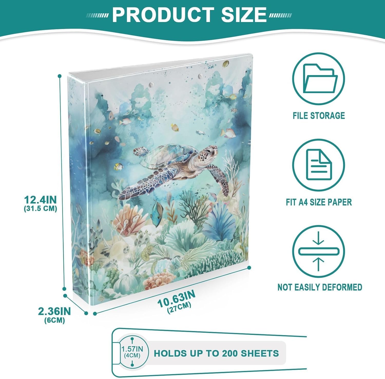 Undersea Turtle Marine Life Fish Coral 3 Ring Binder 1.5" Decorative D-Ring Binder with Clipboard&3 Clear Pockets, Holds 200 Sheets A4 Size Paper Waterproof Binders for School Home Office|2 Pack