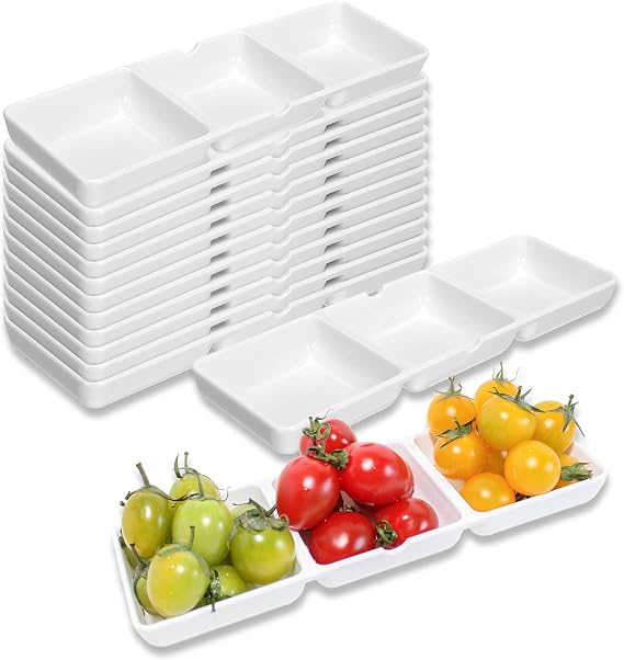 3 Compartment Serving Tray with Dipping Sauce Sections Durable Platter for Desserts, Snacks, Appetizer, Party, 14-Pack