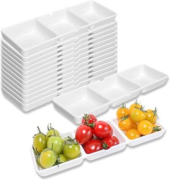 3 Compartment Serving Tray with Dipping Sauce Sections Durable Platter for Desserts, Snacks, Appetizer, Party, 14-Pack
