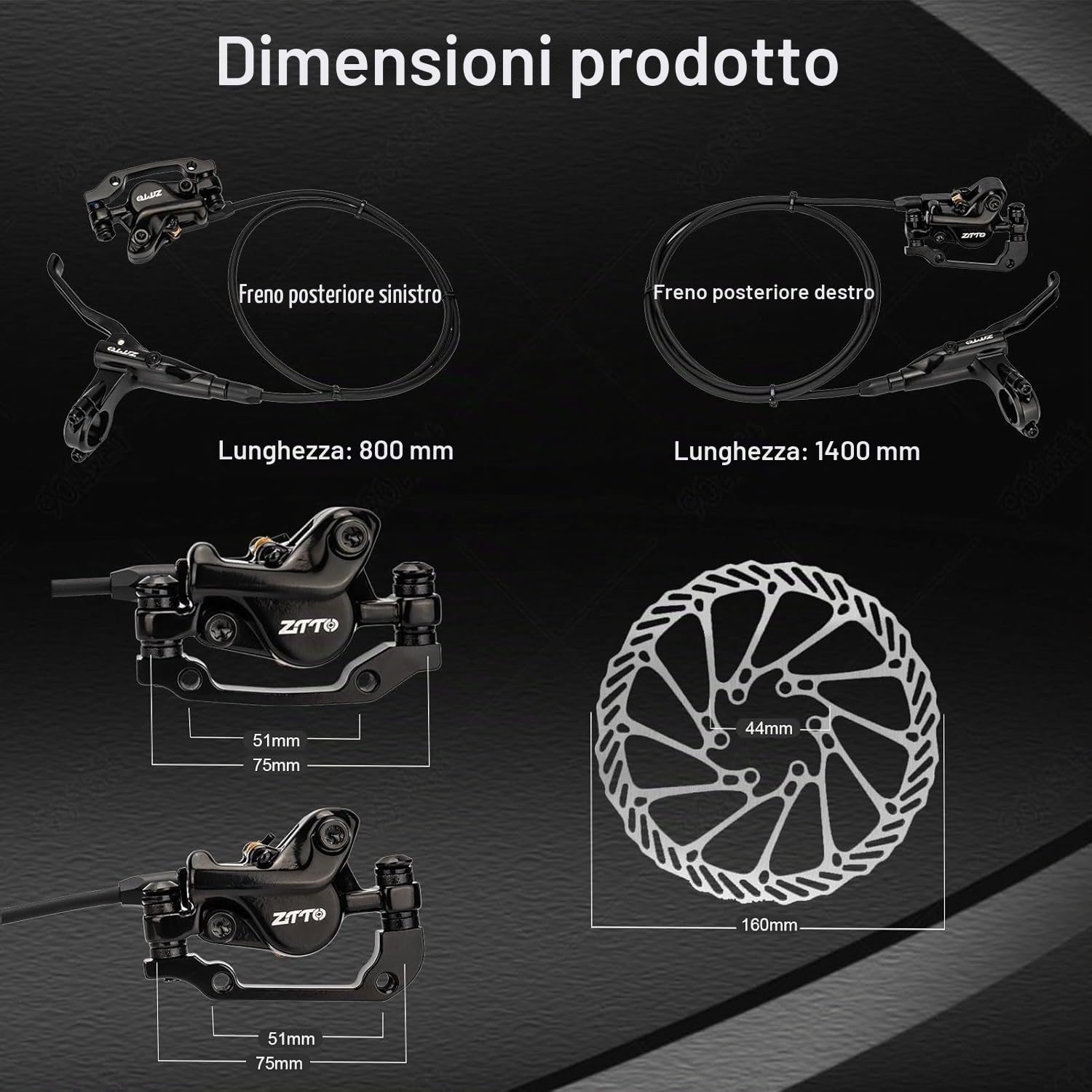 Freno a Disco Idraulici per Bicicletta, Kit Freno Idraulico, Set Freni Bici con rotori da 160 mm Freno a Disco, Anteriore 800 mm Posteriore 1400 mm per Mountain Bike e Bici da Strada
