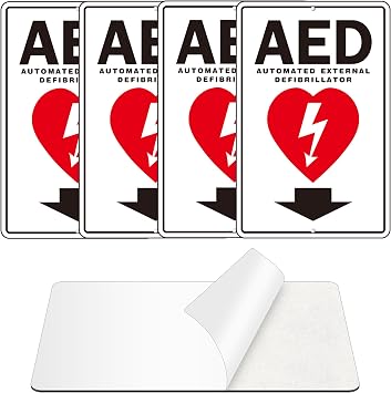 4 Pack AED Sign, Self Adhesive Aluminum AED Signs for Wall, AED Sticker Metal Sign With 2 Pre-drilled Holes 4, White/Red, 9 x 6 inches