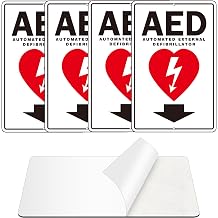 4 Pack AED Sign, Self Adhesive Aluminum AED Signs for Wall, AED Sticker Metal Sign With 2 Pre-drilled Holes 4, White/Red, 9 x 6 inches
