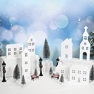 22 Pcs White Christmas Village Houses Decor Sets Mini Wooden House Board Street Light Cedar Pines Benches for Winter Xmas Rustic Farmhouse Town Tabletop House Figurines Villa Navideña Decor