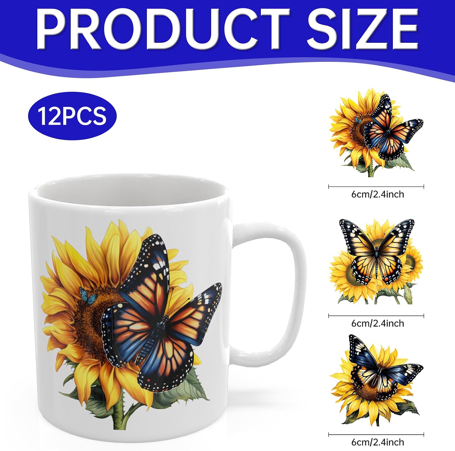 UV DTF Cup Wrap, 12 Sheets Butterfly Sunflower Transfers Stickers, Waterproof UV DTF Transfer Decals for Wood Tumbler Water Bottle