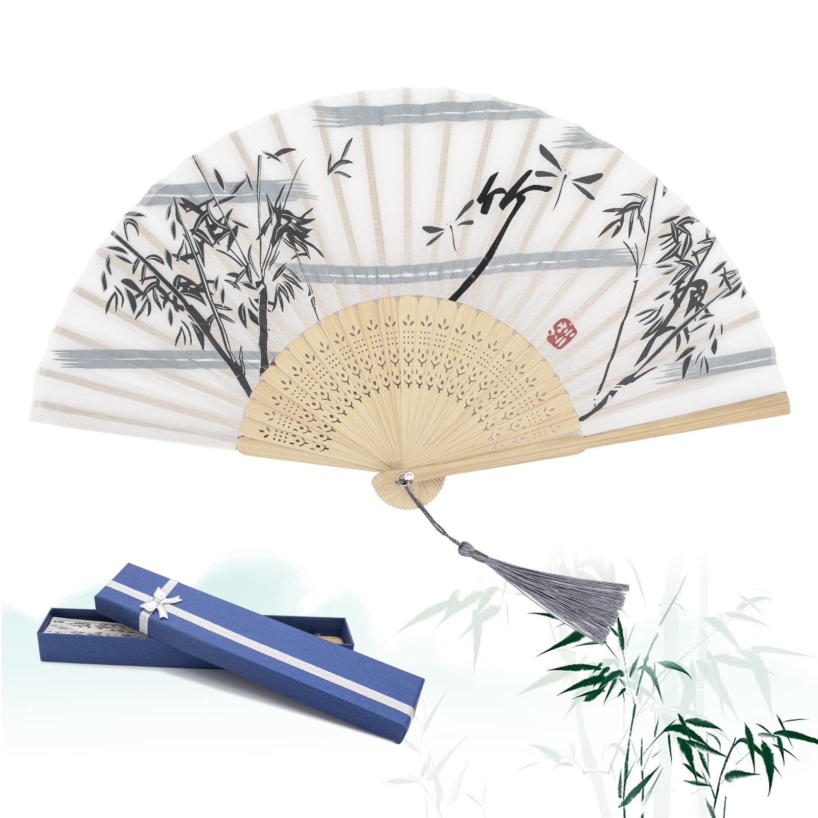 Grantop Folding Hand Fans, Handheld Folding Fan for Women, Chinese Vintage Style Handheld Silk Folding Fan for Birthday Wedding Party Decoration (White-Bamboo)