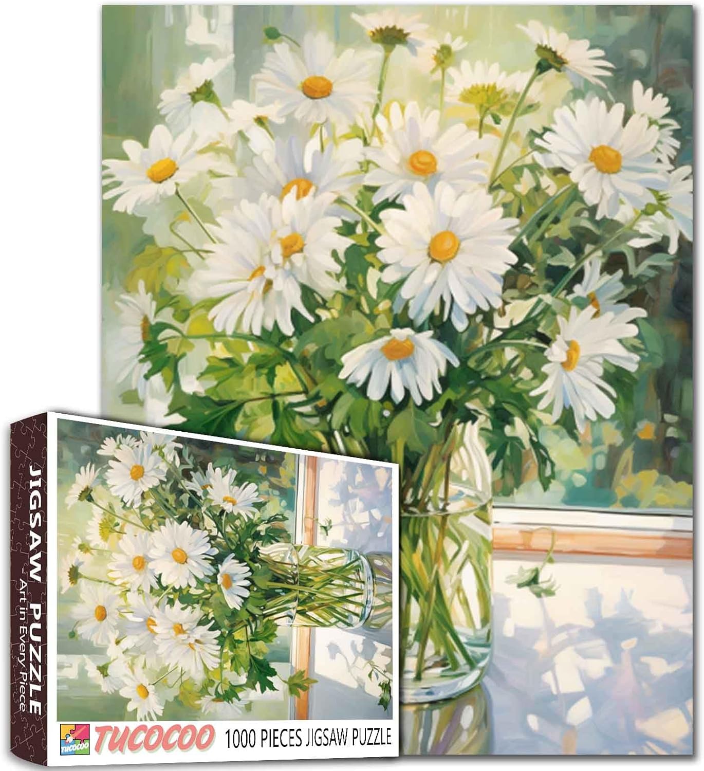 Jigsaw Puzzles 1000 Pieces for Adults-White Daisy Flower Hardboard Puzzle-Challenging Puzzle Perfect for Game Nights-DIY Home Wall Decor-Art Puzzles-White Flowers with Green Leaves in Vase 27" x 20"