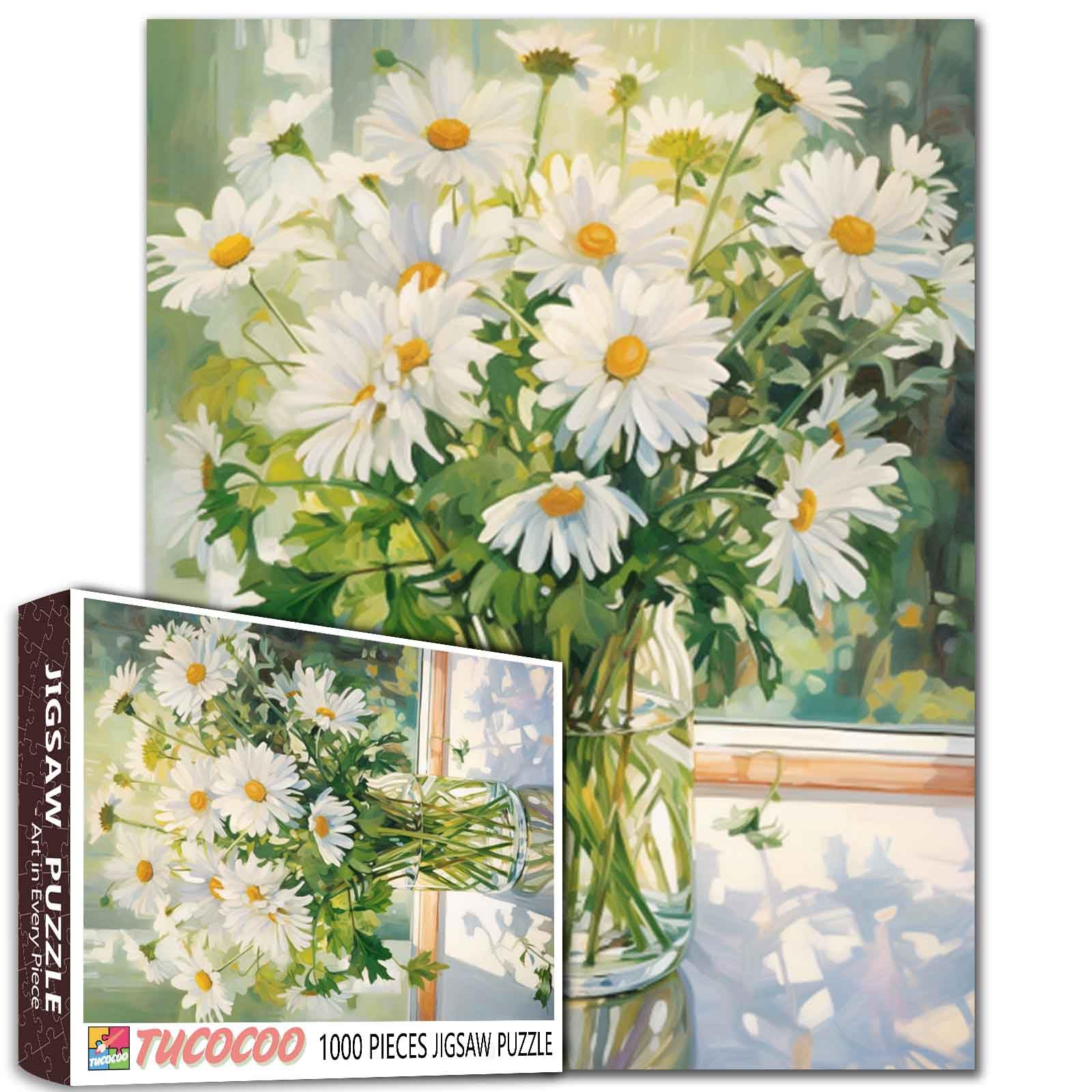 Jigsaw Puzzles 1000 Pieces for Adults-White Daisy Flower Hardboard Puzzle-Challenging Puzzle Perfect for Game Nights-DIY Home Wall Decor-Art Puzzles-White Flowers with Green Leaves in Vase 27" x 20"