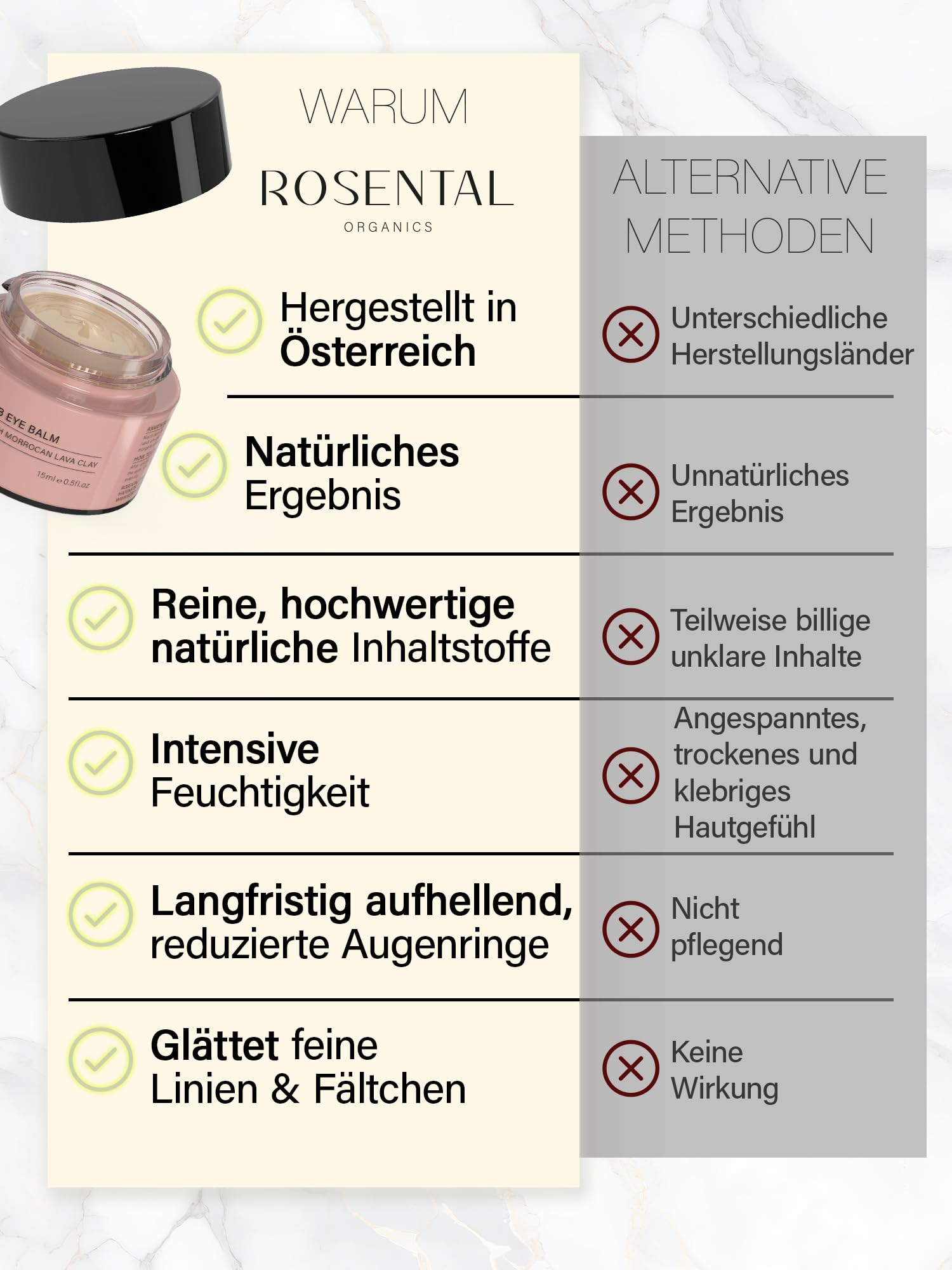 Rosental Organics BB Eye Balm Augencreme - Feuchtigkeitscreme - Pflege gegen Augenringe - Mit Hyaluronsäure, Vitamine E & marokkanischer Lavaerde - Naturkosmetik (15 ml)