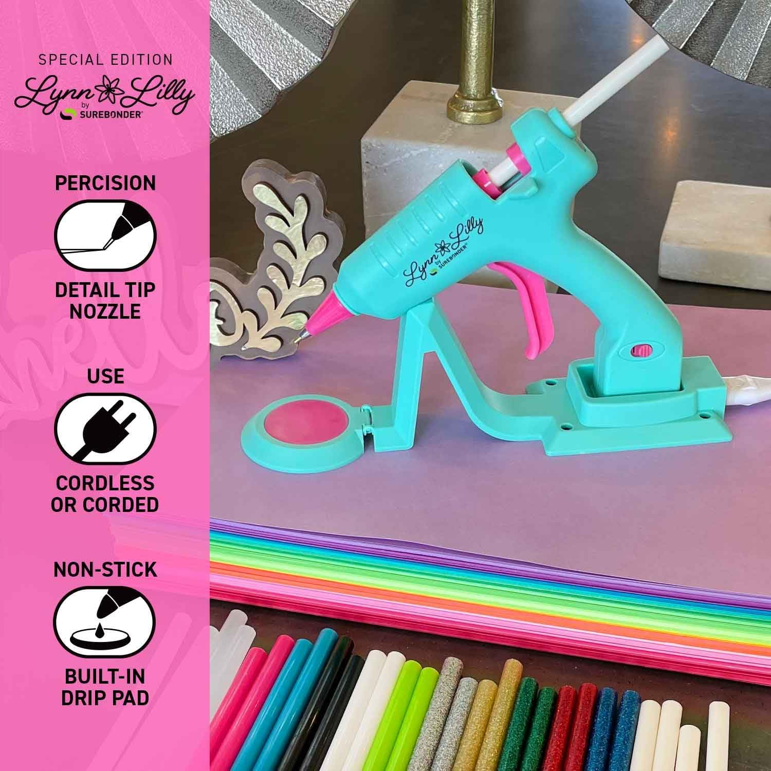 Surebonder Lynn Lilly Edition Cordless/Corded Mini Fine Tip Hot Glue Gun with All Purpose, Color, Glitter, and Fabric Glue Sticks - Blue