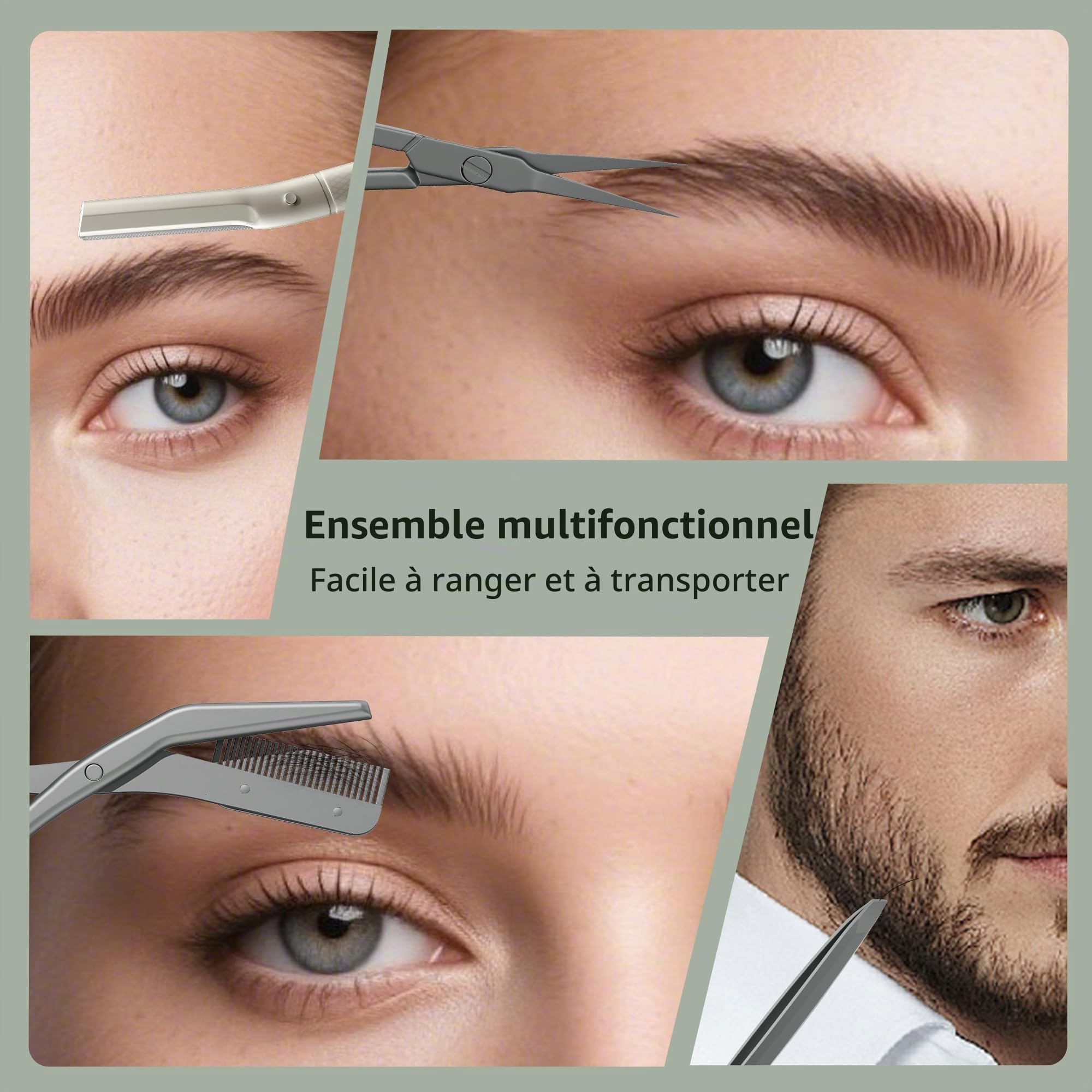 Glamne Kit de toilettage pour sourcils, ciseaux, pince à épiler, rasoir, rasoir facial, avec miroir et étui de voyage