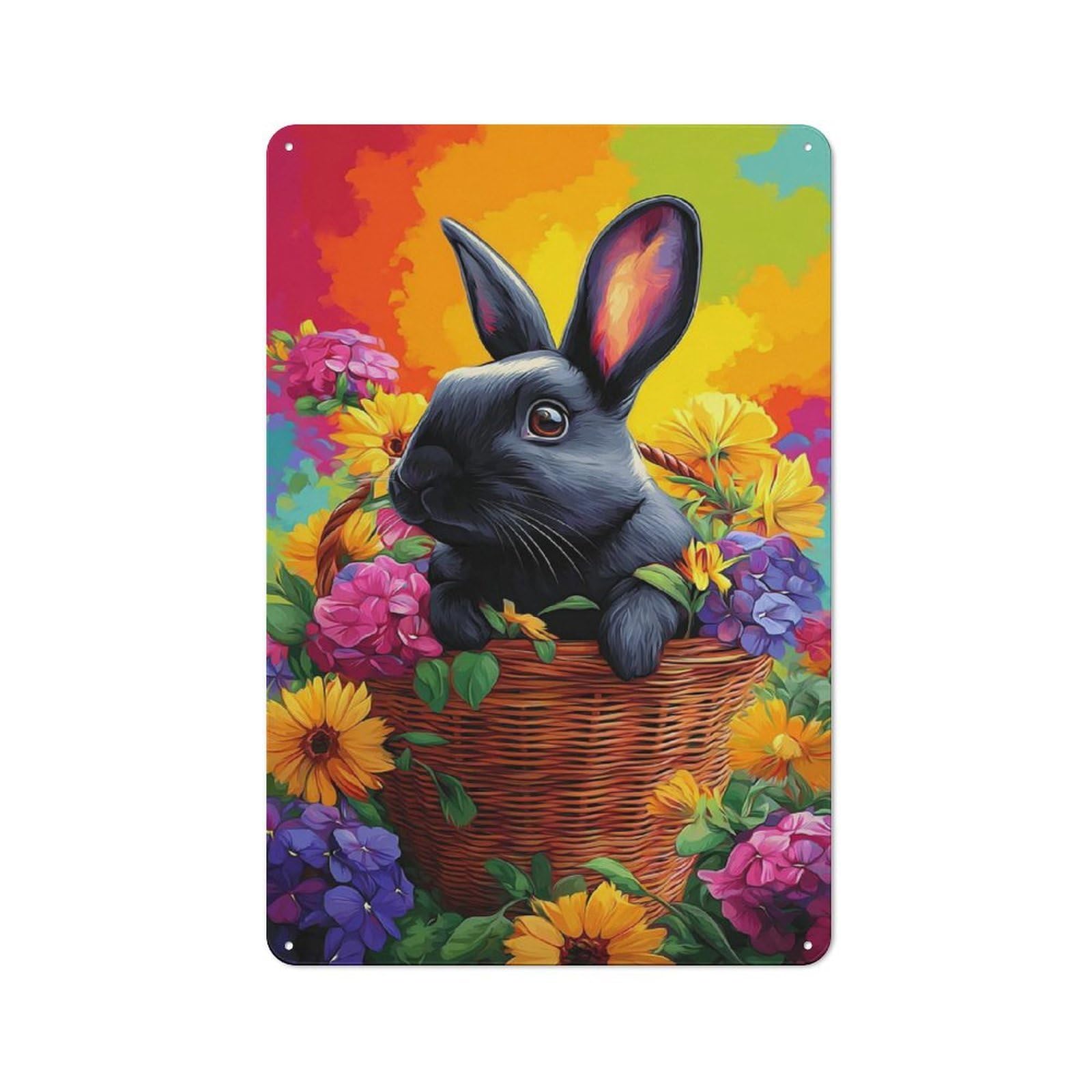 Junmoney Floral Basket With Black Bunny Tin Wall Plaque 30X20cm With For Garage Or Workshop, For Living Room, Hallway And Entrance Wall Decor