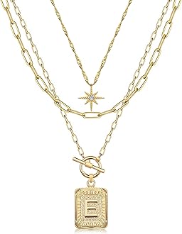 MJartoria Layered Initial Necklaces for Women Trendy, 14K Gold Plated Brass Simple Star Choker Square Letter Pendant Necklace, Paperclip Chain Necklaces Jewelry Gifts