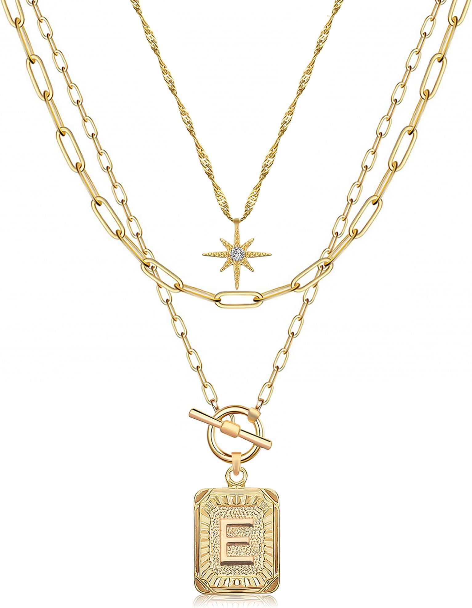 Layered Initial Necklaces for Women Trendy, 14K Gold Plated Brass Simple Star Choker Square Letter Pendant Necklace, Paperclip Chain Necklaces Jewelry Gifts