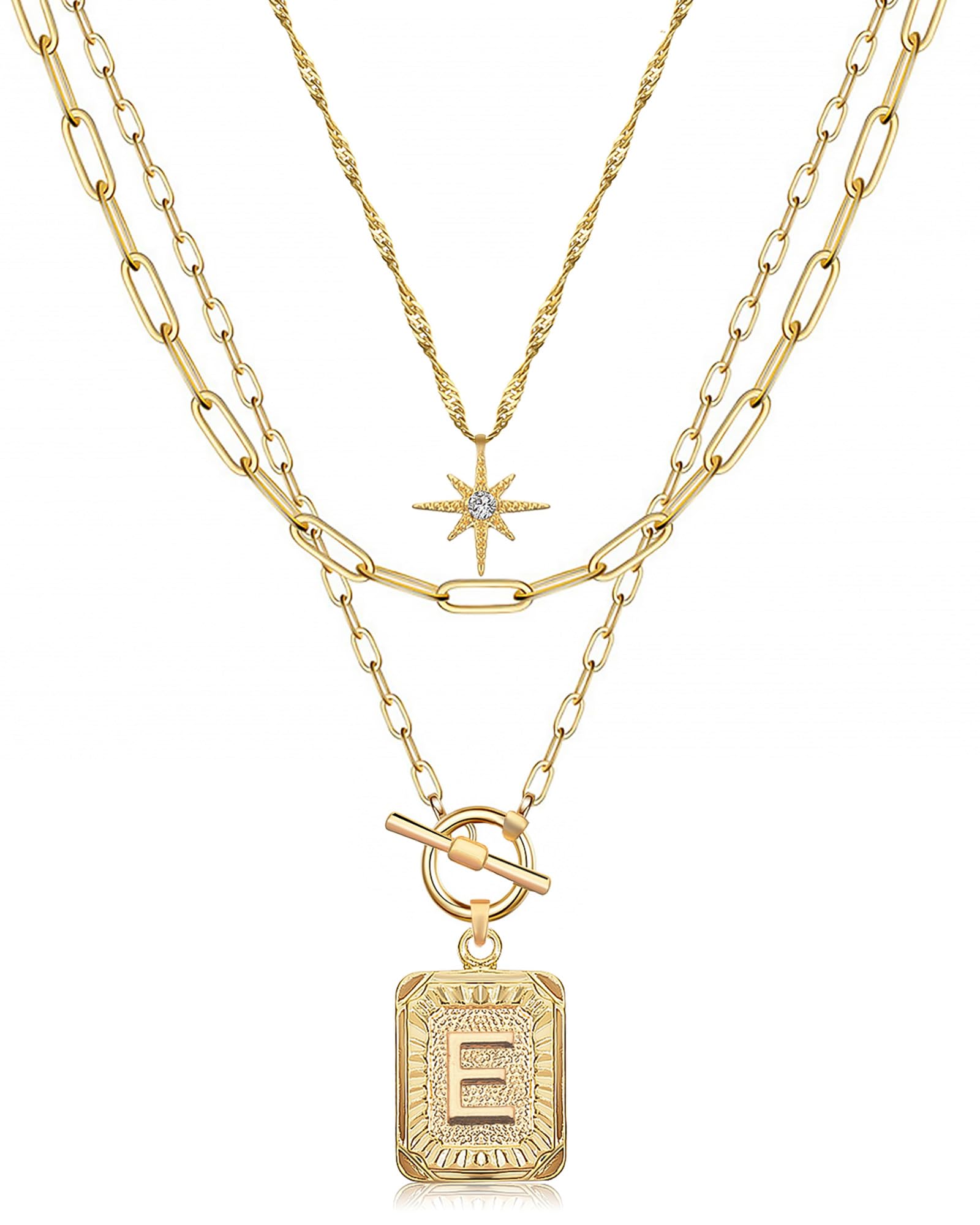 MJartoria Layered Initial Necklaces for Women Trendy, 14K Gold Plated Brass Simple Star Choker Square Letter Pendant Necklace, Paperclip Chain