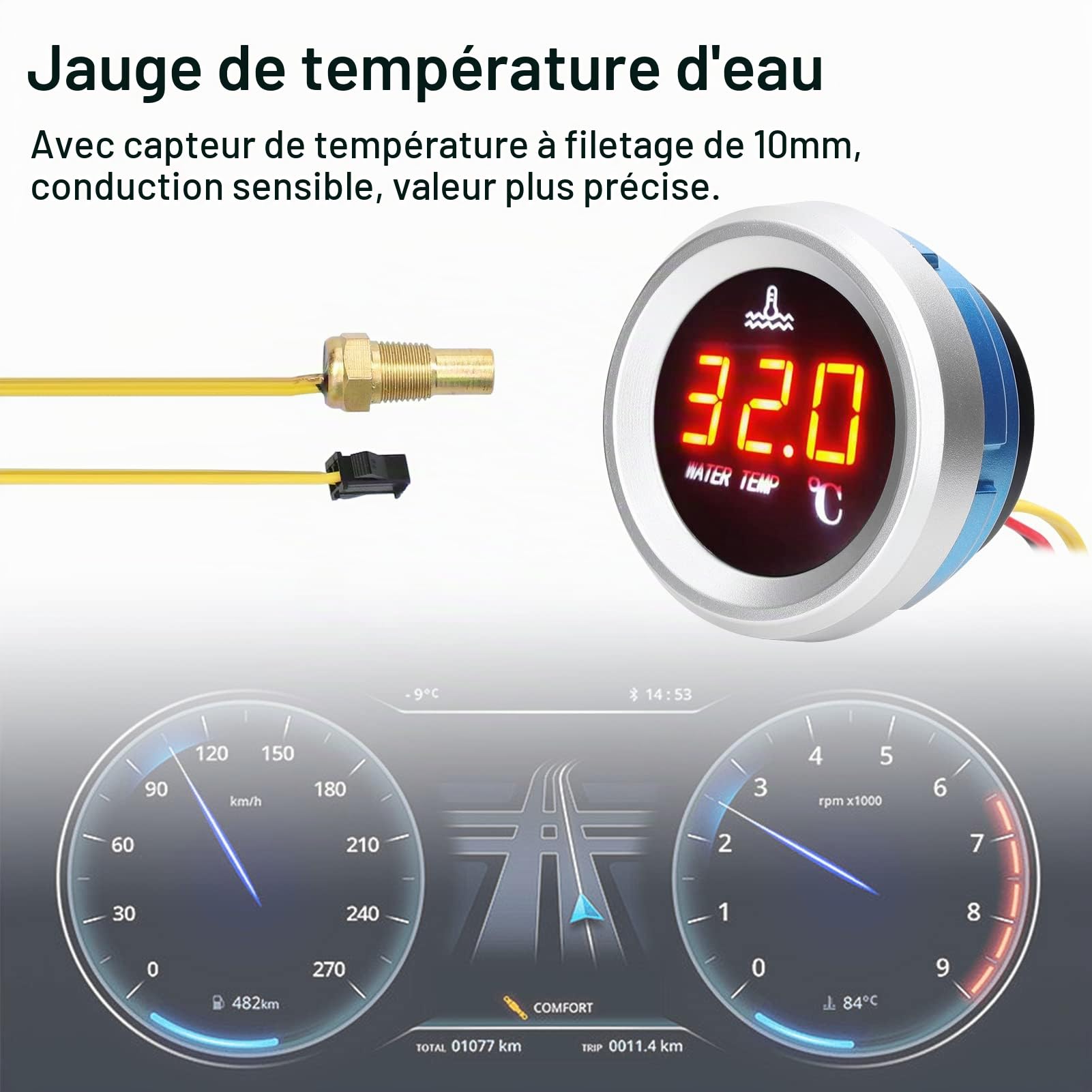 9-36 V Jauge de température de l'eau de 52 mm, compteur numérique de voiture, écran LED avec fonction d'alarme et capteur de température