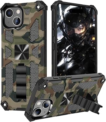 CCSmall for iPhone 15 Camo Case, Military Grade Shockproof Rugged Protective Men Phone Cover Case with Foldable Kickstand for Apple iPhone 15, Camouflage Army Green
