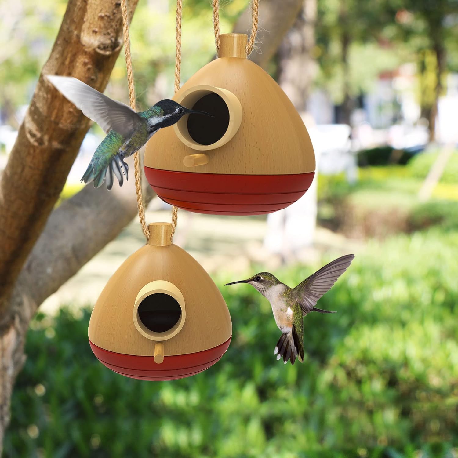 2 Pack Hummingbird House, Wooden Humming Bird Houses for Outside, Hanging Chickadee Nesting for Indoor Outdoor, Courtyard Decoration
