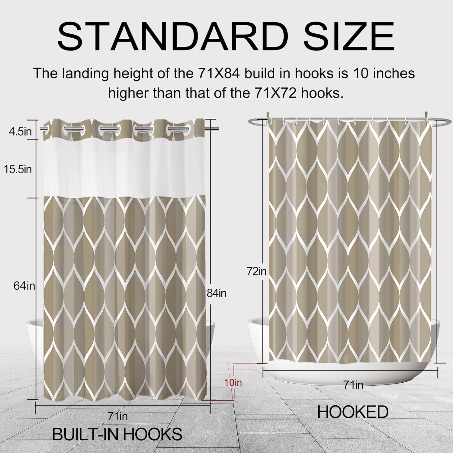 No Hook Shower Curtain and Liner Set, Brown Modern Geometric Waterdrop Shower Curtains for Bathroom, Hotel Style Waterproof Bathroom Curtain Set with See-Through Mesh Top Window, 71x84 Inches