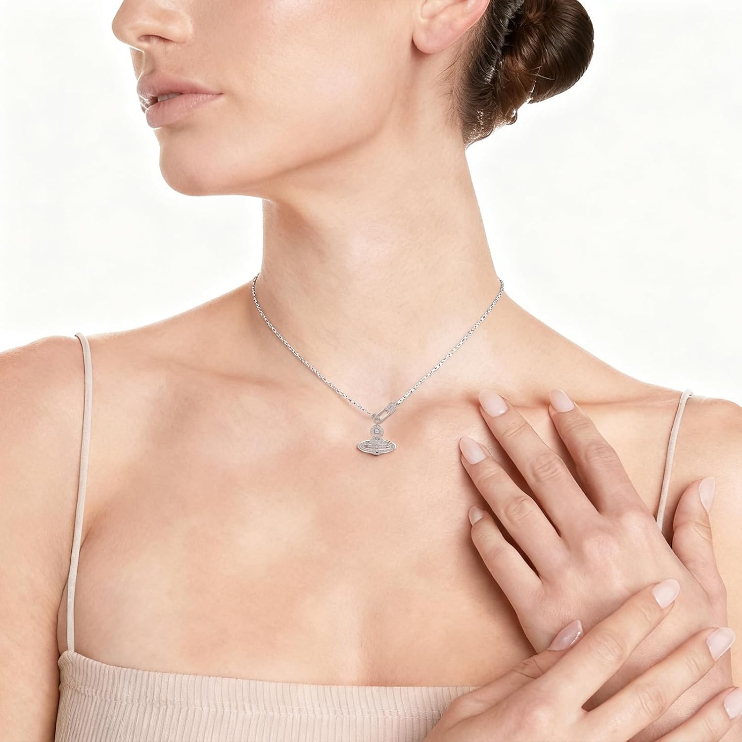 Unique Pin & Zircon-Embellished Saturn Pendant Necklace, Platinum-Plated 925 Sterling Silver,15.35"+1.57" Extender Chain,Surprise Your Wife,Girlfriend,Mother,or Best Friend on Birthdays,Anniversaries,Christmas,or Ggraduations - Image 2