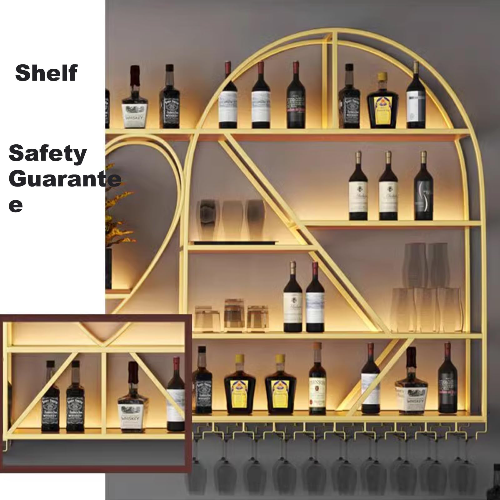 Botellero Vino Pared Creativo Estante Multifuncional de Hierro para Vino, Botellero Vino Metal con Luz Led y Portavasos for Bar Restaurante Club(Gold)