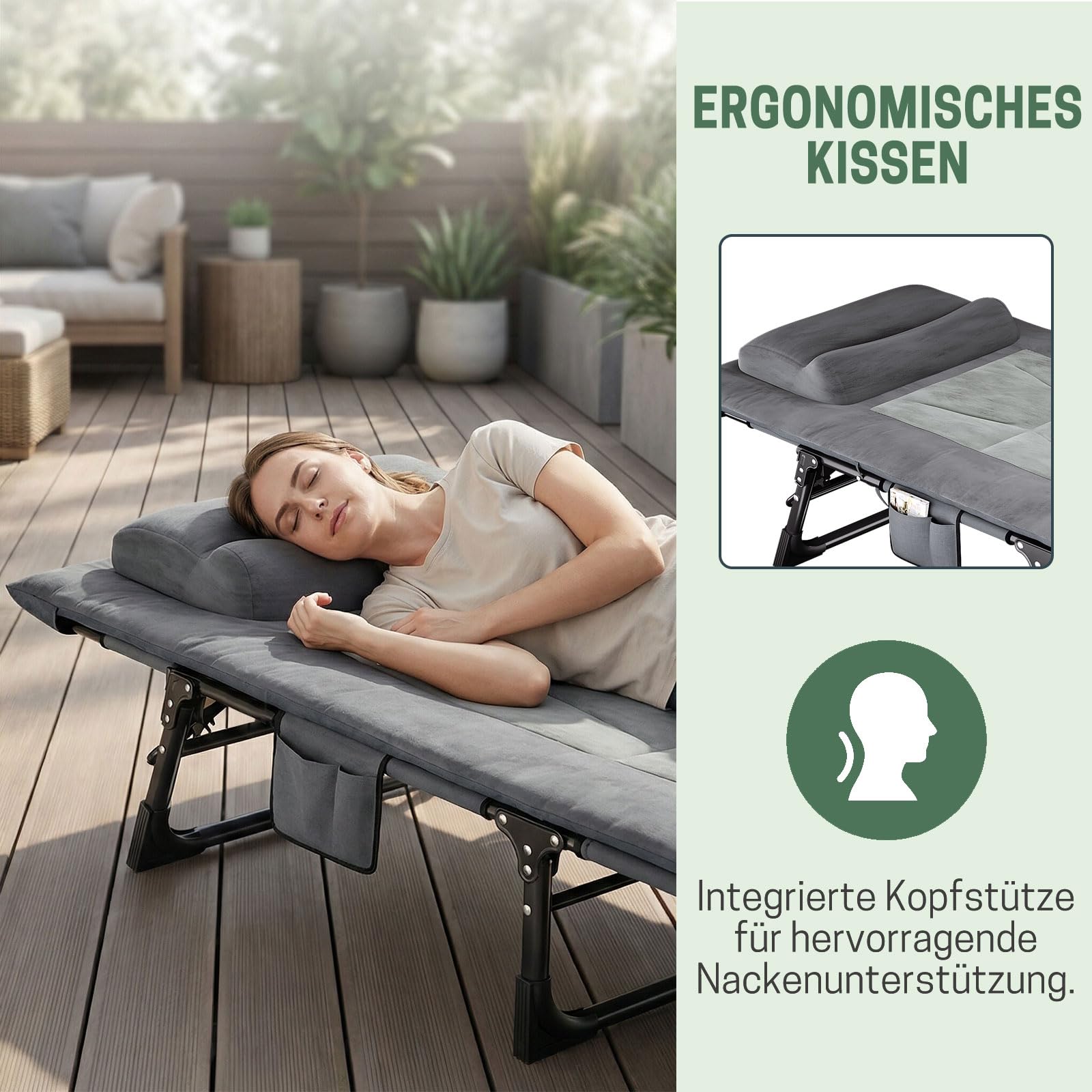 Klappbare Sonnenliege mit Verstellbarer Rückenlehne, Matratze & Kopfkissen - Tragbare Gartenliege für Pool, Terrasse, Camping, Grau
