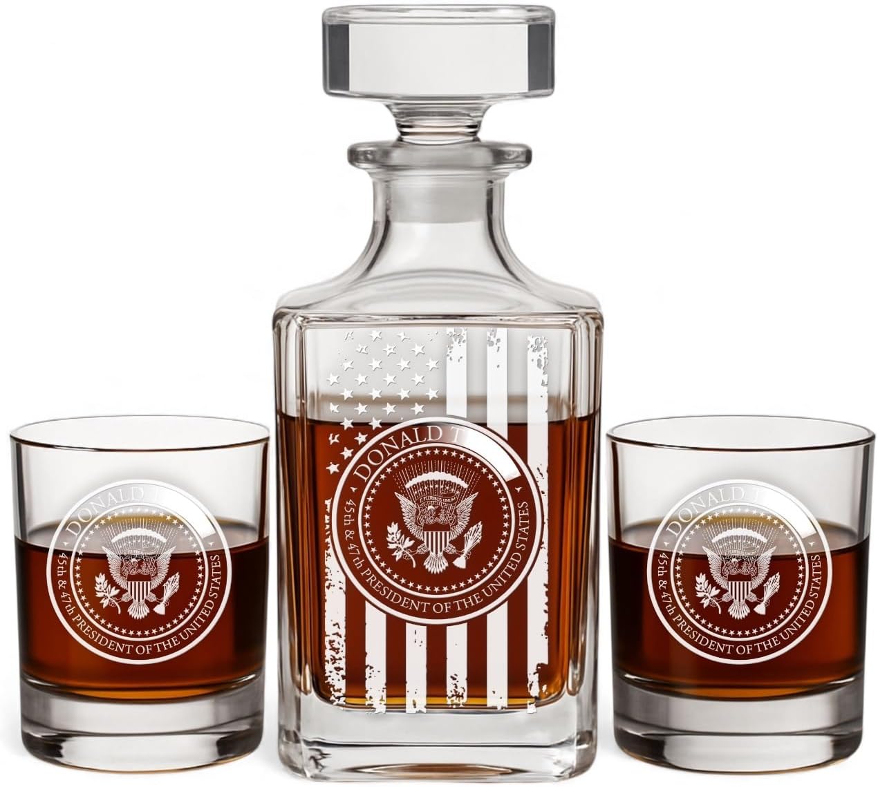 Presidential Seal 3pc Decanter Set | 47 American Flag Whiskey Decanter and Glasses | Hand Engraved Patriotic Liquor Decanter Set – USA Themed Whiskey Gift for Men – Bourbon Scotch Decanter Set