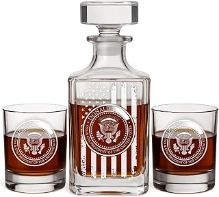 Presidential Seal 3pc Decanter Set | 47 American Flag Whiskey Decanter and Glasses | Hand Engraved Patriotic Liquor Decanter Set – USA Themed Whiskey Gift for Men – Bourbon Scotch Decanter Set