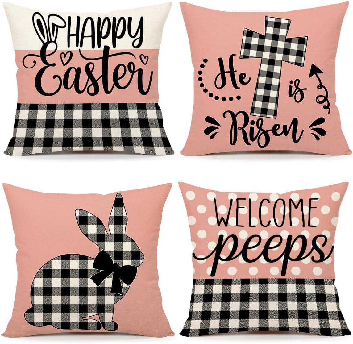 4TH EmotionEaster Throw Pillow Covers 18 x 18 Inch Set of 4, Pink Buffalo Plaid Farmhouse Holiday Cushion Case for Home Sofa Couch Decoration TH181