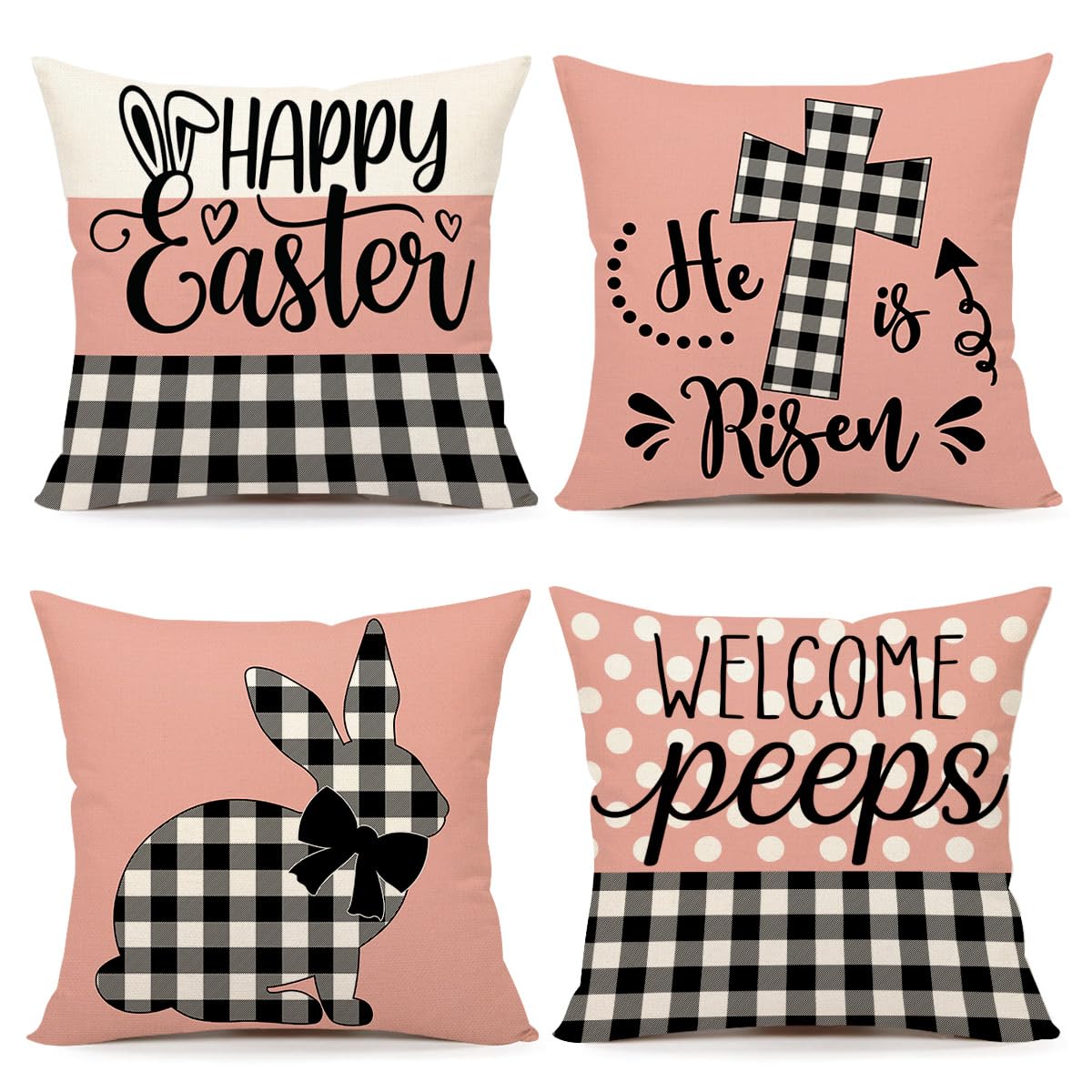 4TH EmotionEaster Throw Pillow Covers 18 x 18 Inch Set of 4, Pink Buffalo Plaid Farmhouse Holiday Cushion Case for Home Sofa Couch Decoration TH181