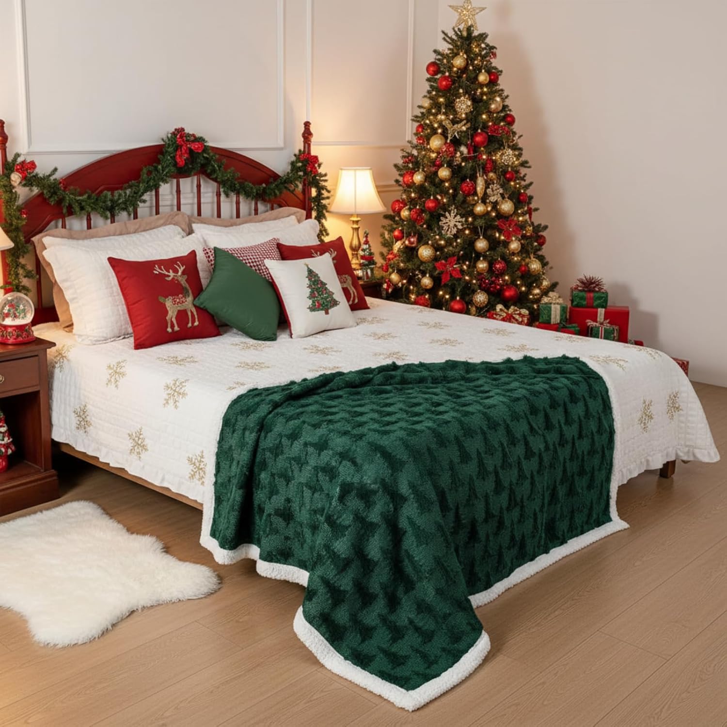 Green Christmas Sherpa Throw Blanket 3D Christmas Tree Snowflake Reindeer Double-Sided Thick Soft Plush Fluffy Decoration for Couch, Bed, Sofa Holiday Party Gifts, 50" x 60"(Xmas Tree) - Image 5