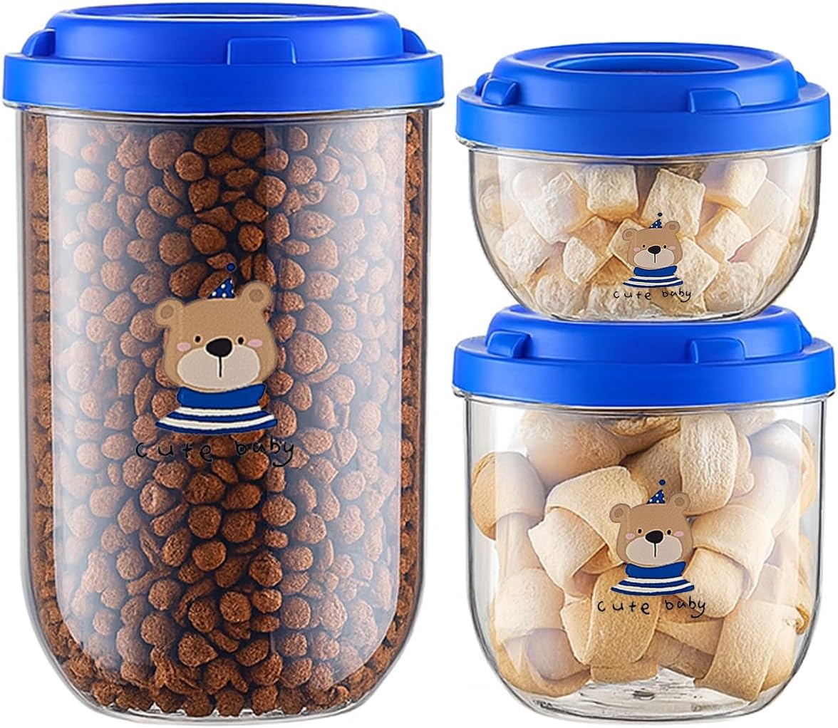 3-Pack Airtight Dog Treat Container Set - Clear Plastic Pet Food Storage Canisters for Kitchen Counter Pantry Organization - Small Stackable Jars for Cat Snacks, Bird Hamster Food, Blue Lids