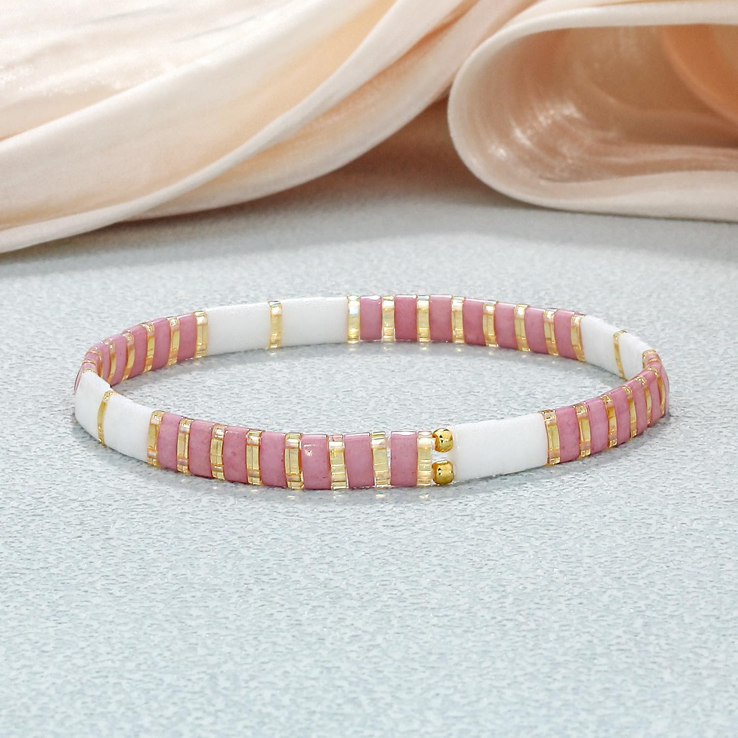 KELITCH Tila Flat Beaded Stretch Bracelets for Women Boho Style Square Beaded Beads Stack Bracelet Beach Jewelry