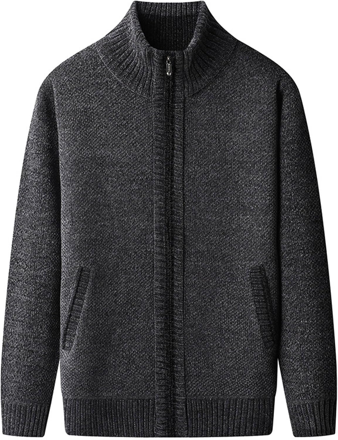 Mens Fleece Lined Cardigan Sweater Stand Collar Full Zip Knitted Long Sleeve Sweaters Jacket Warm Winter Thick Outwear