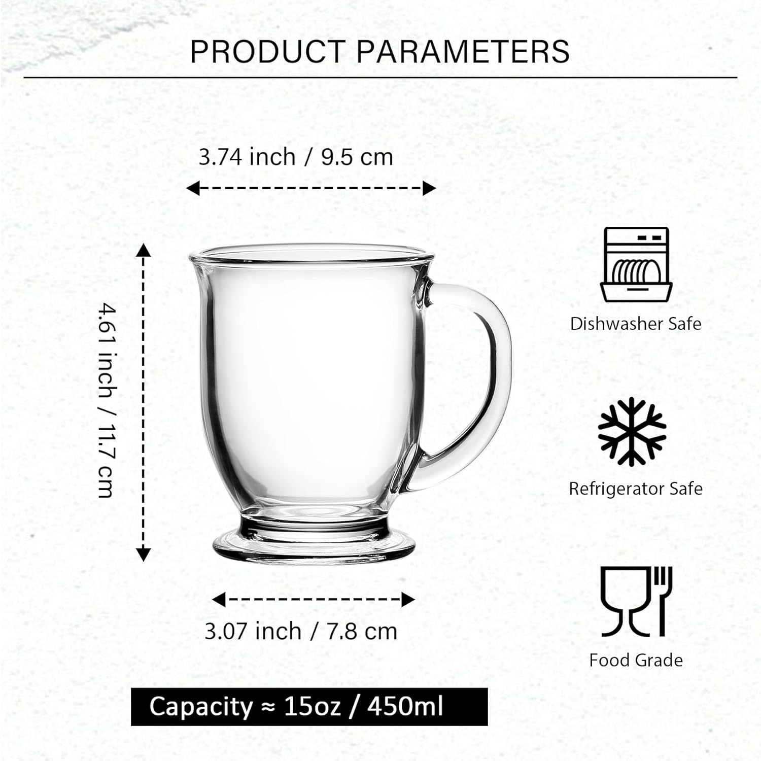 Glass Coffee Mugs Set of 6-15 OZ Clear Glass Tea Cups with Handle - Large Mugs for Tea, Espresso, Coffee, Cider, Hot Chocolate, Dishwasher Safe